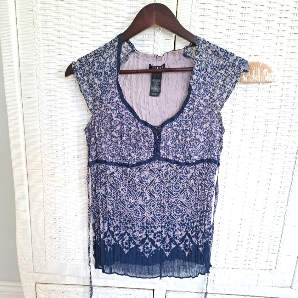 VTG Blouse Womens Blue/ Lt Pink Crinkle Boho Print Peasant Top Size Small